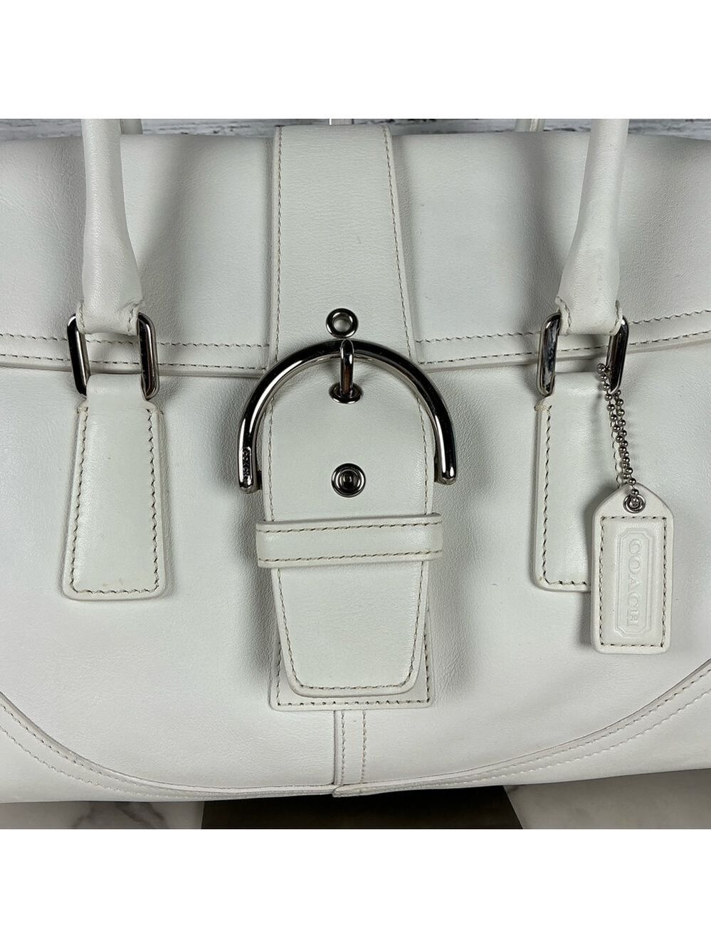 Coach Buckle Vintage Hand Shoulder Bag Soho‎ White Leather Satchel Silver Hardwa - Picture 5 of 16